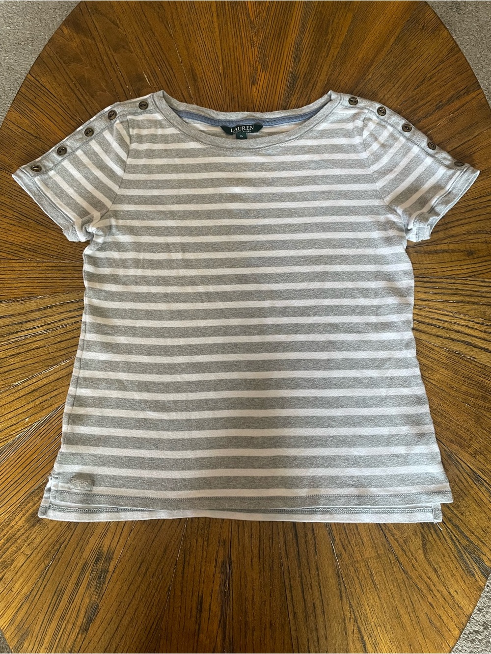 Lauren Ralph Lauren Light Gray & White Striped Button-Shoulder Tee